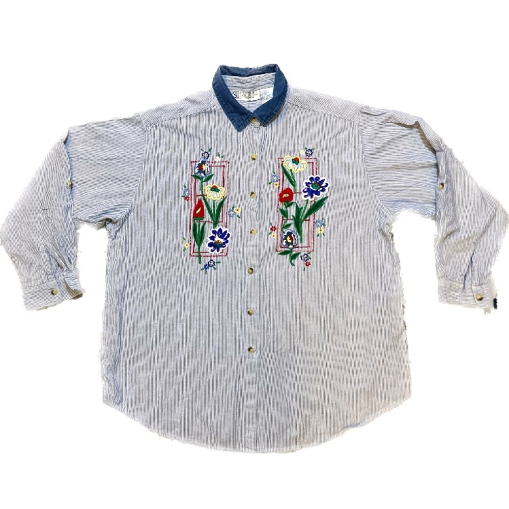 C02 Studio Collection Button Down Up Shirt Striped Floral Embroidered Sz 22W